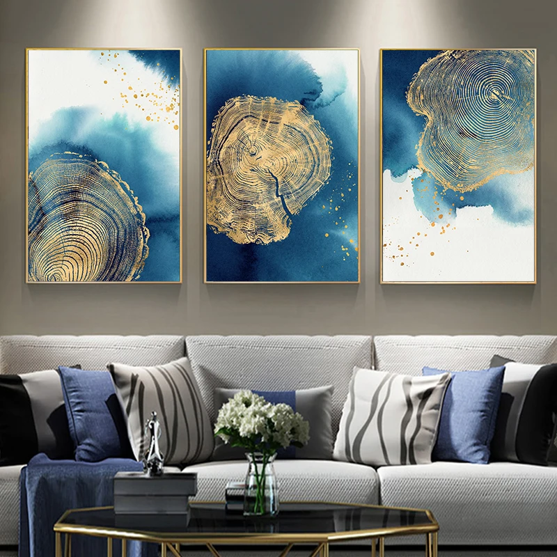 3 Pieces Gold Tree Ring Canvas Wall Art, Navy Blue Watercolor Abstract Print Modern Living Room Home Wall Decor