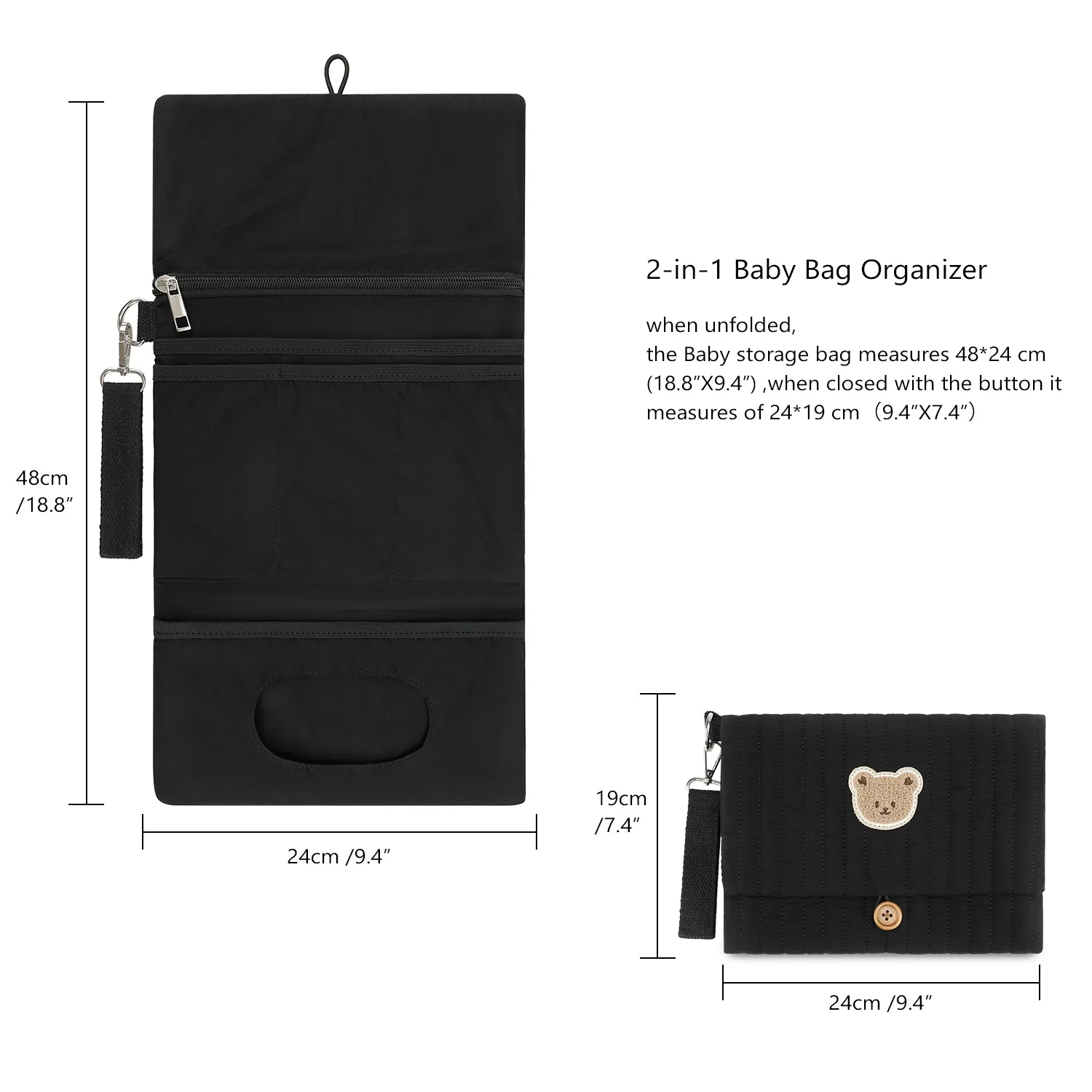 กระเป๋าจัดระเบียบผ้าอ้อมแบบพับได้พร้อมห่วงแขวน - กระเป๋าเก็บของสำหรับเดินทางแบบหลายช่องสำหรับผ้าอ้อม ผ้าเช็ดทำความสะอาด และของใช้จำเป็นสำหรับคุณแม่