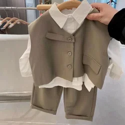 2022 Children Sets Shirts Turn-down Collar Vest Single Breasted Pants Ankle Length Loose Solid Soft Simple Casual Autumn Boys