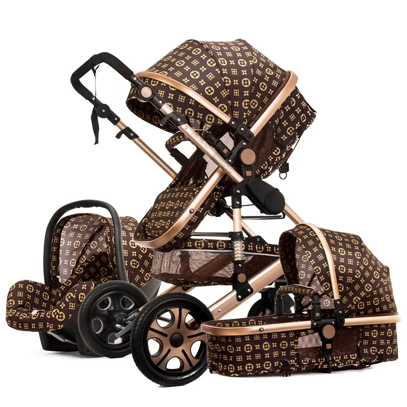 Luxury Baby Stroller 3 in 1 Infant Stroller Set Portable Reversible High Landscape Baby Carriage Trolley Travel Pram 7Gifts