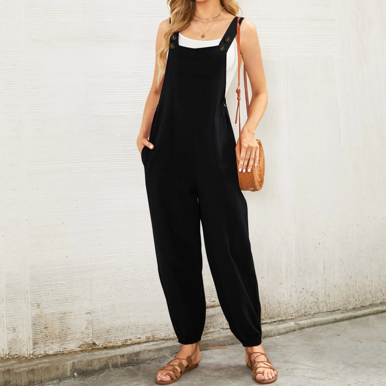 

Women's Sleeveless Jumpsuit Bustier Jumpsuit Casual Solid Colour Wide Leg Bib Pants Jumpsuit with Button Pocket Bottoms New