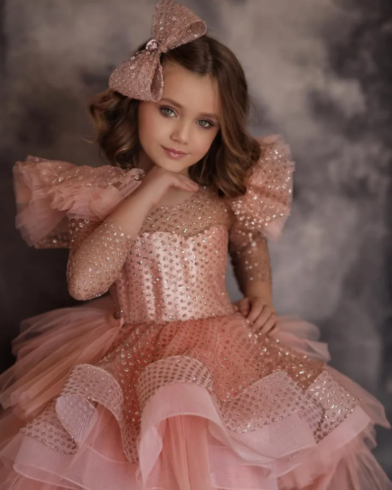 Gorgeous Pink High-Low Puffy Girls Birthday Dress Long Sleeves Princess Pageant Prom Dresses Wedding Flower Girl Dress