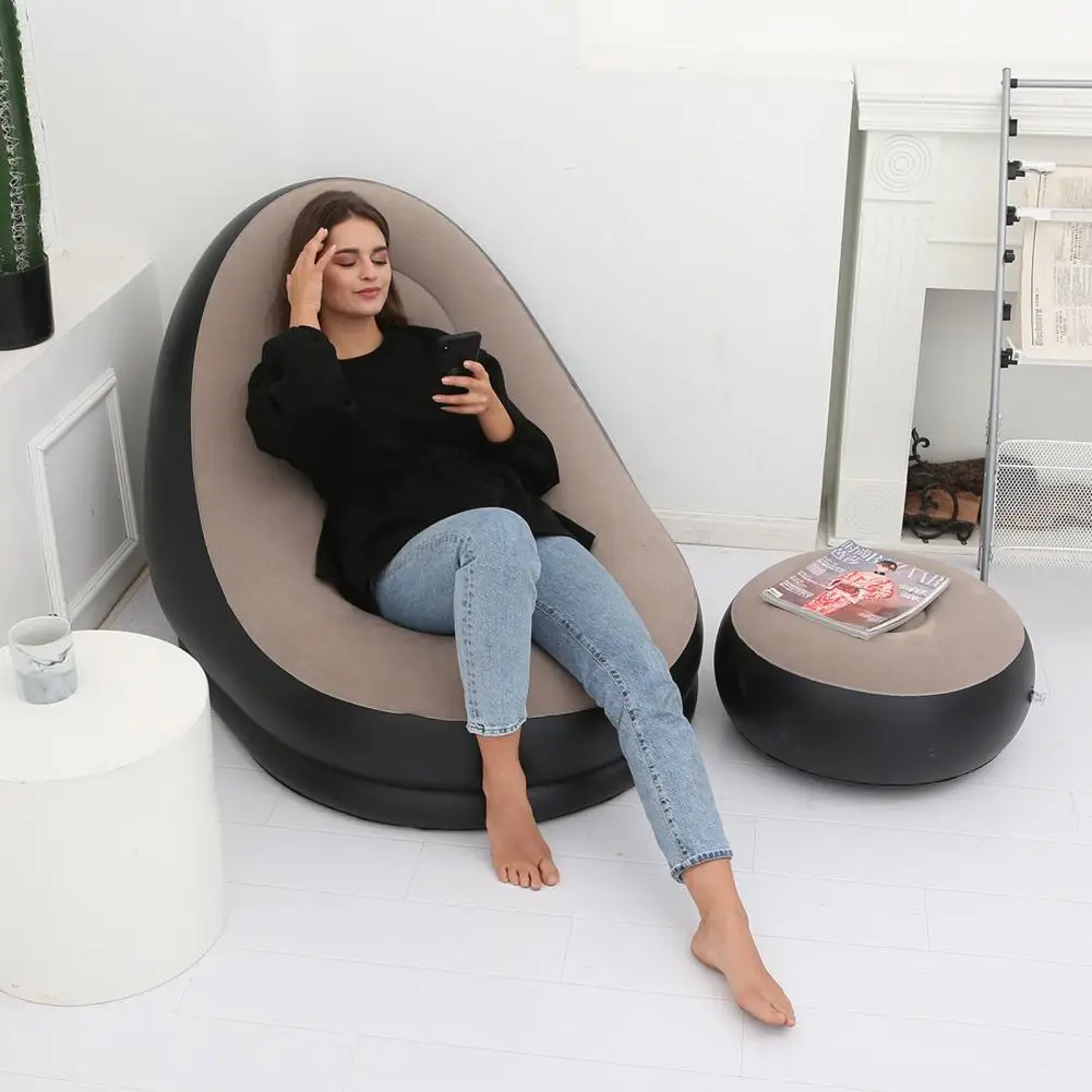 Inflatable Lazy Sofa Chair PVC Flocking Foldable Sofa With Foot Stool Slip-on Lunch Lounge Chair Set Outdoor Folding Lounger Bed