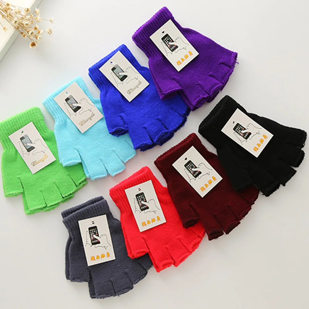 1 Pair Colorful Knitted Stretch Elastic Warm Couple Half Finger Fingerless Gloves Men Women Gloves For Winter Warm Unisex Gloves