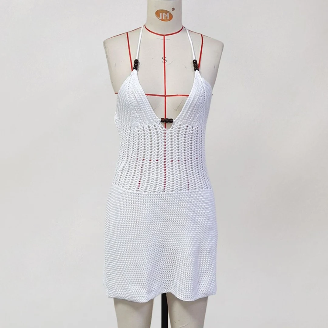 Schlankes, figurbetontes, gehäkeltes, gestricktes Strandkleid für Damen, Neckholder-Minikleid, Sommerkleid mit Ausschnitten, V-Ausschnitt, rückenfrei, sexy Partykleid V6210 – Detail 27