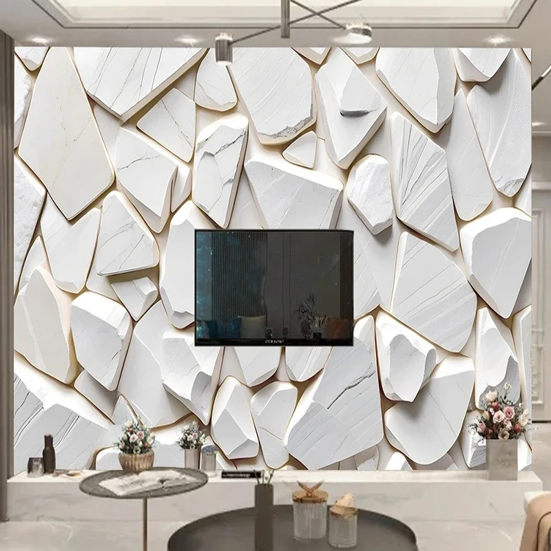 Custom 3D White Solid Geometric Stone Mural Wallpaper For Living Room Bedroom Wall Decoration Wall Paper Home Improvement Fresco