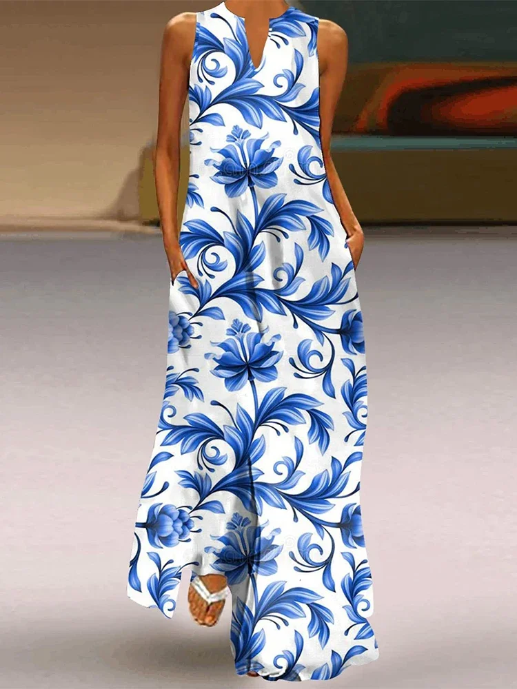 Blue White Porcelain Print Street Sexy Fashion Maxi Dress Casual Summer Sleeveless V-neck Long Dress Cocktail Party Women Dress