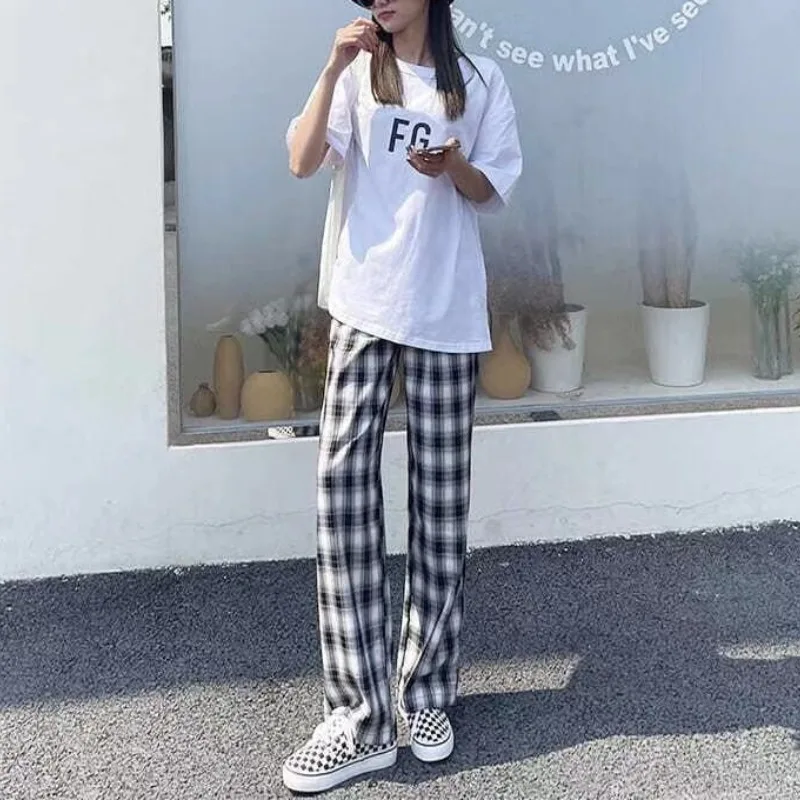 Women's 2024 Summer New Thin Spliced High Waited Elasticized Pocket Loose Versatile Printed Checkered Straight Leg Casual Pants