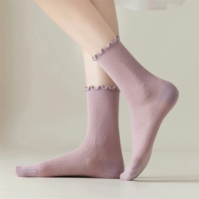 New Women Socks High Quality Summer Fashion Casual Long Socks Solid Color Korean Style Waveselvedge Mesh Breathable Simple Thin