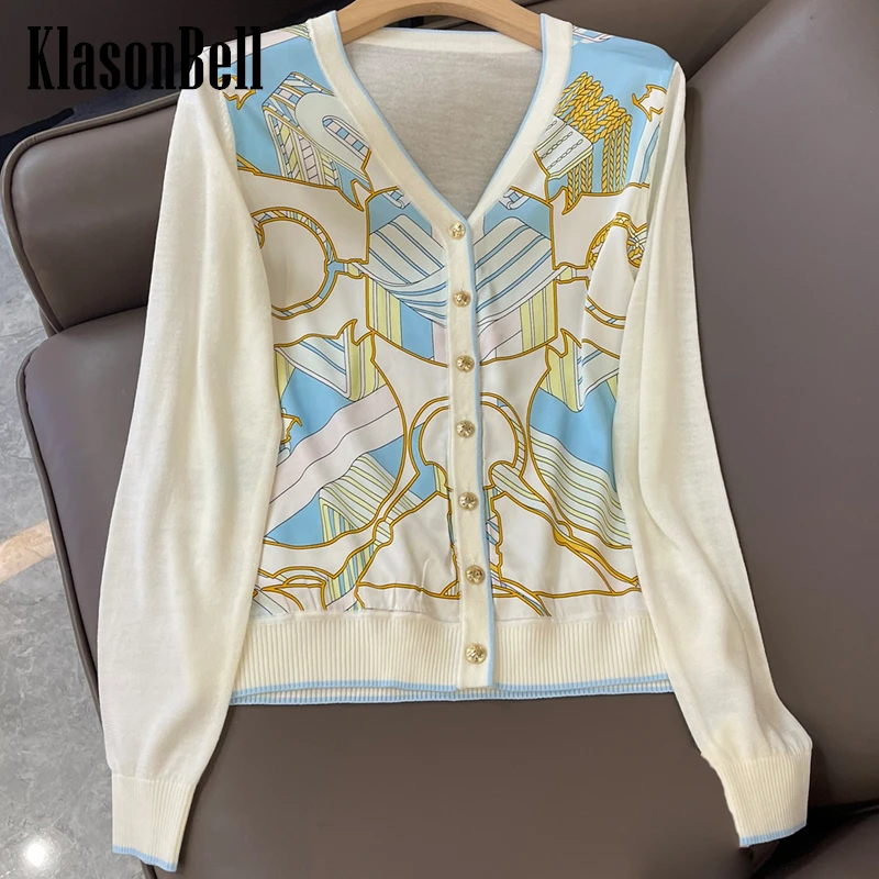 3.7 KlasonBell Elegant Silk Print Pattern Spliced Long Sleeve Knitted Cardigan Women Clothes