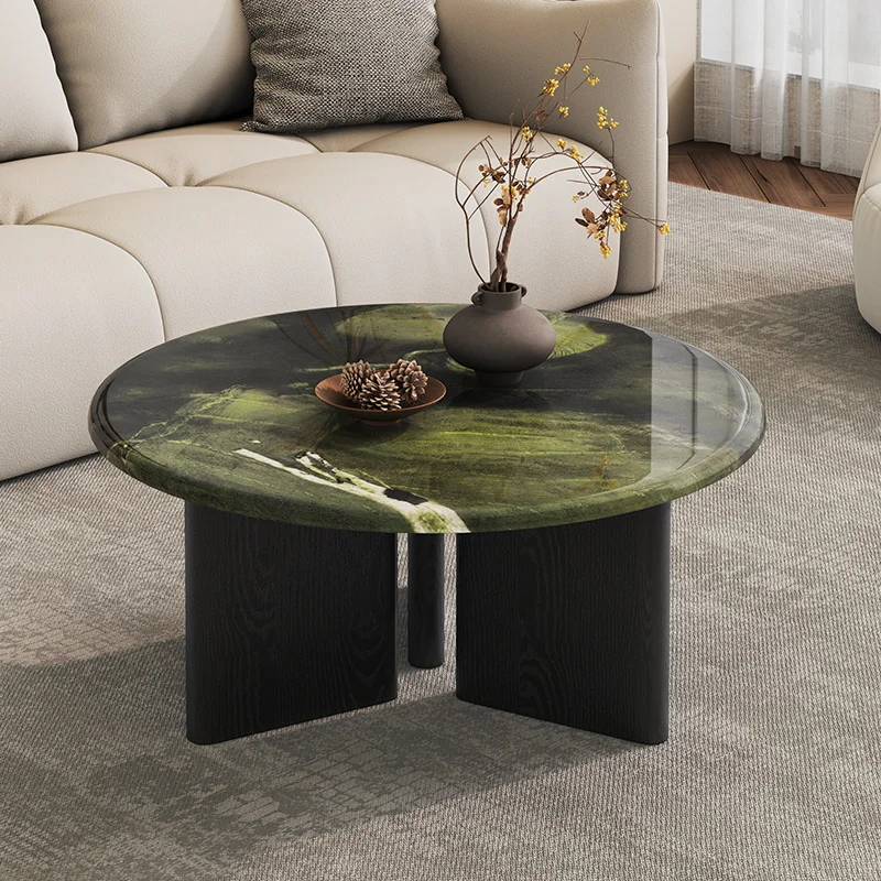 이탈리아 미니멀리스트 스타일 원형 커피 테이블 세트 가정용 소형 아파트 아보카도 그린 대리석 커피 테이블