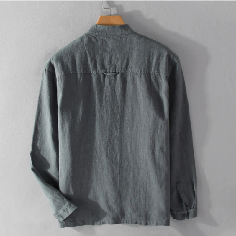 2024 Spring Autumn New Simple Casual Long Sleeve Shirts for Men Clothing Cotton and Linen Stand Collar Soft Streetwear FY9905
