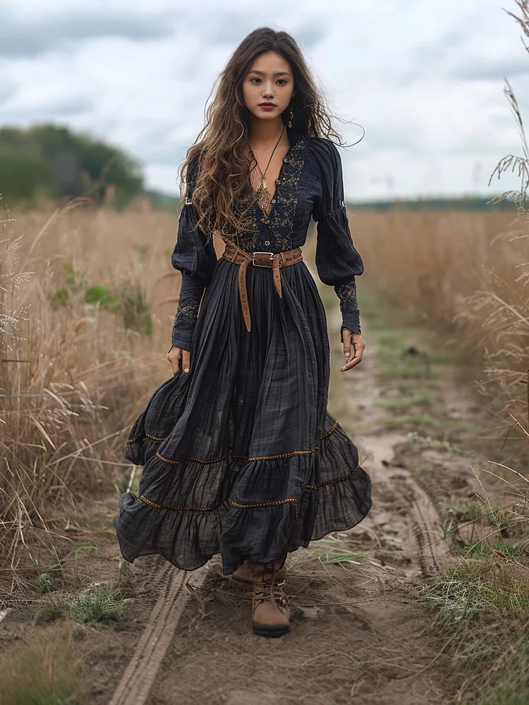 

Lady Elegant Deep-V Holiday Retro Embroidery Dress 2025 Bohemian Print A-line Maxi Women Dress Fashion Long Sleeve Beach Dress