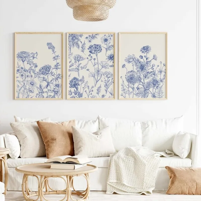Unframe Blue Botanical Chinoiserie Poster Minimalist Floral 3 Pieces Canvas Painting Modern Wall Art Picture for Living Room Hom