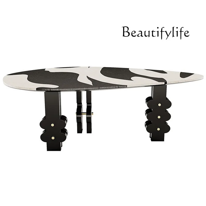 

Chinese Ancient Style Designer Model Hand-Painted Irregular Solid Wood Dining Table Minimalist Artistic Creative Geometric