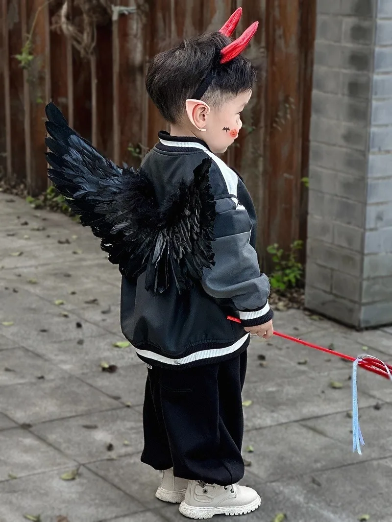 어린이용 악마 의상 4종 액세서리 세트 빨간 뿔 머리띠 검은색 천사 날개 엘프 귀 코스프레 의상 키트 남아 여아용