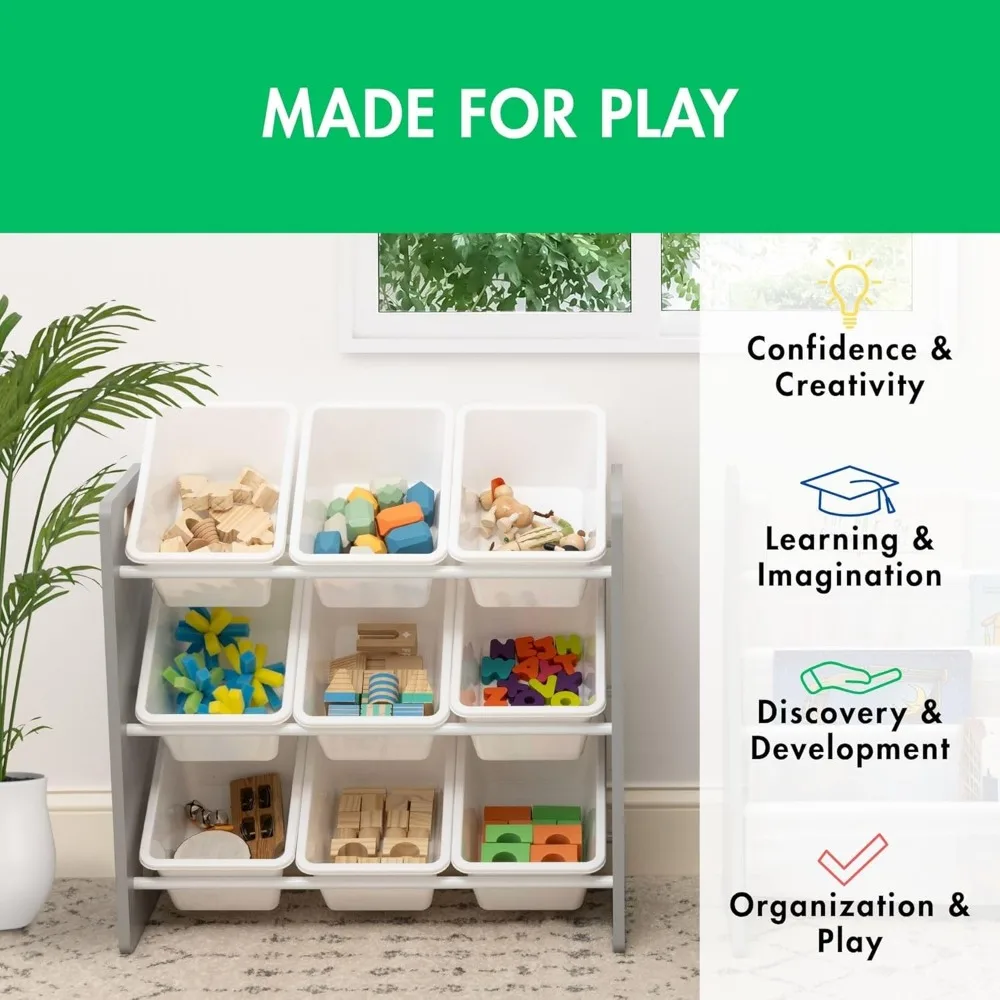 منظم ألعاب 9 صناديق مع صناديق قابلة للإزالة، وحدة تخزين من 3 طبقات لغرفة لعب الأطفال والحضانة باللون الرمادي والأبيض
