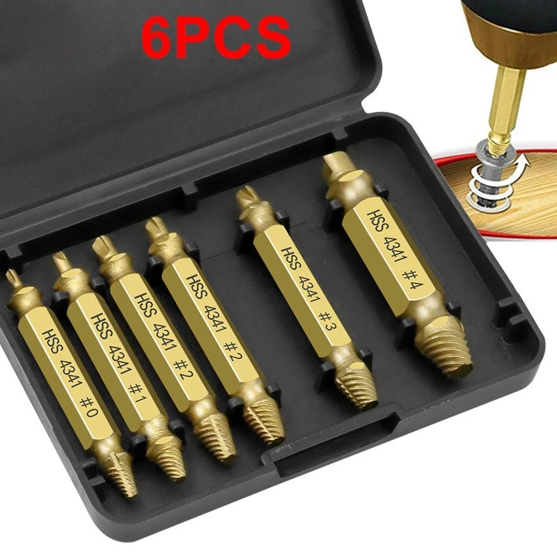 6Pcs Gold HSS Screw Extractor Set Broken Damaged Screw Remover Extractor Drill Bits Kit with Plastic Storage Case