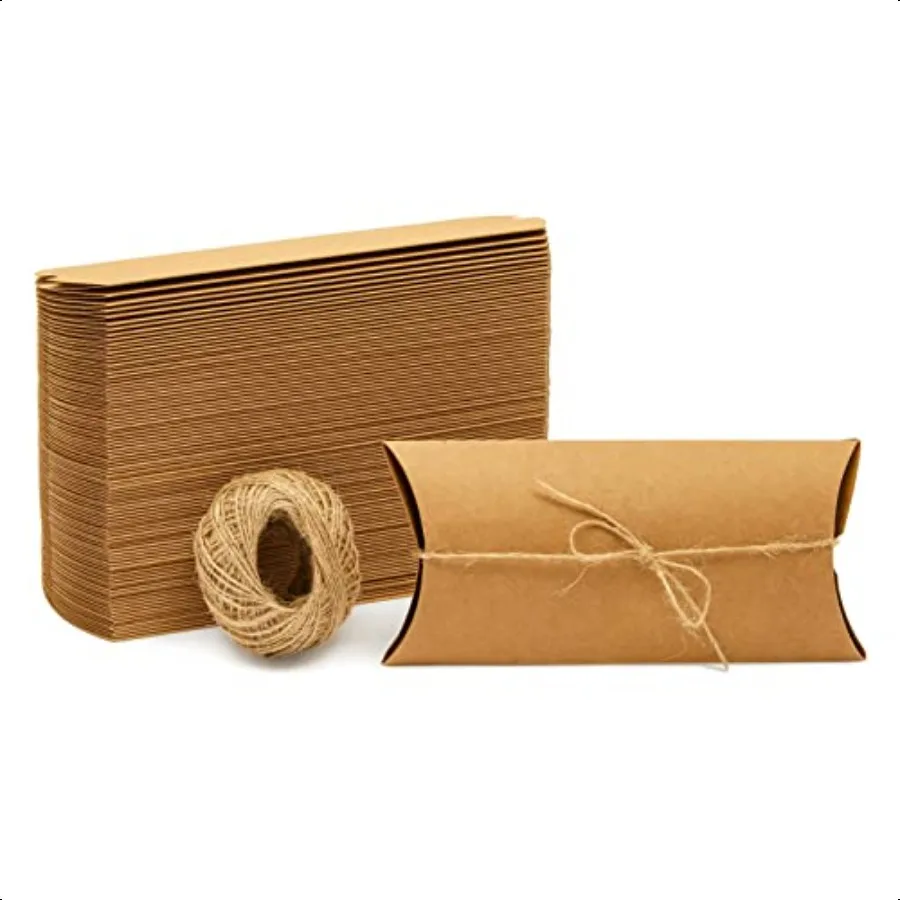 

Pillow Boxes Gift Card Holder 100Pack Brown Paper 7.5 x 3.7 x 1.2 in Cardboard Pouches with Jute Twine