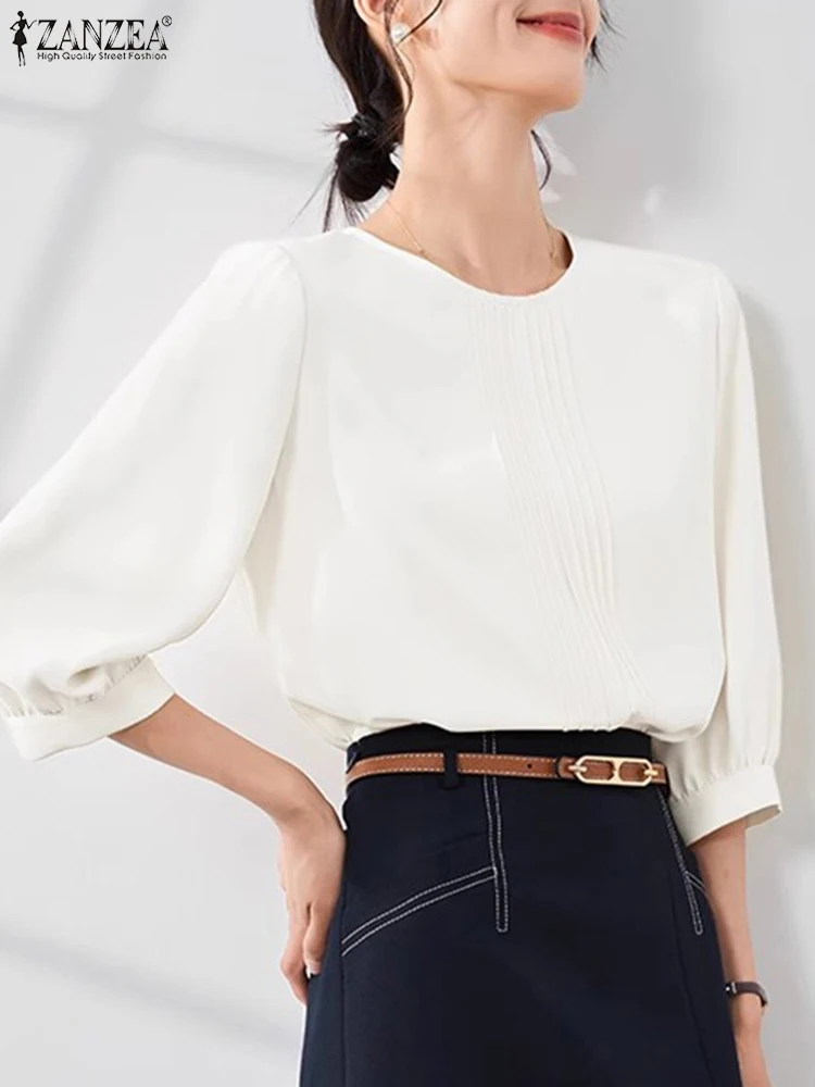 ZANZEA Korean Office Chiffon Blouse Women Pleating Shirts Casual Solid Round Neck Tops Tunic 2024 Summer Simple Basic Blusas