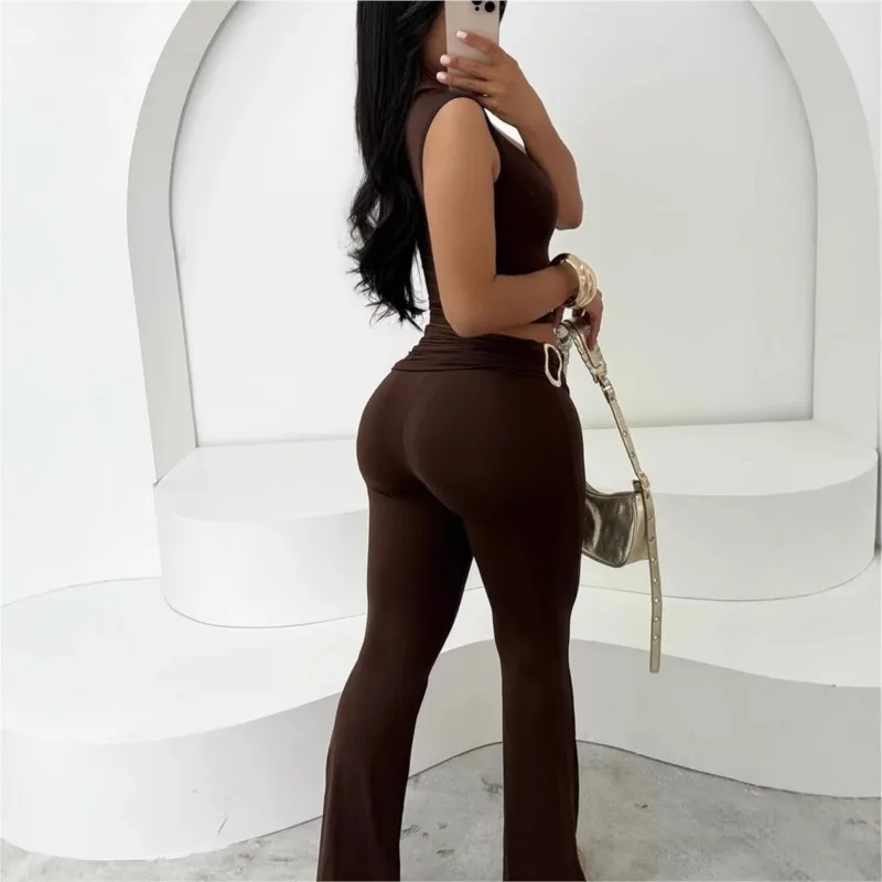 Bodycon 2 Pieces Set For Woman Slim Two Piece Outfits Pleated Long Pants Sleeveless Solid Color Simple Style All-match Commuting