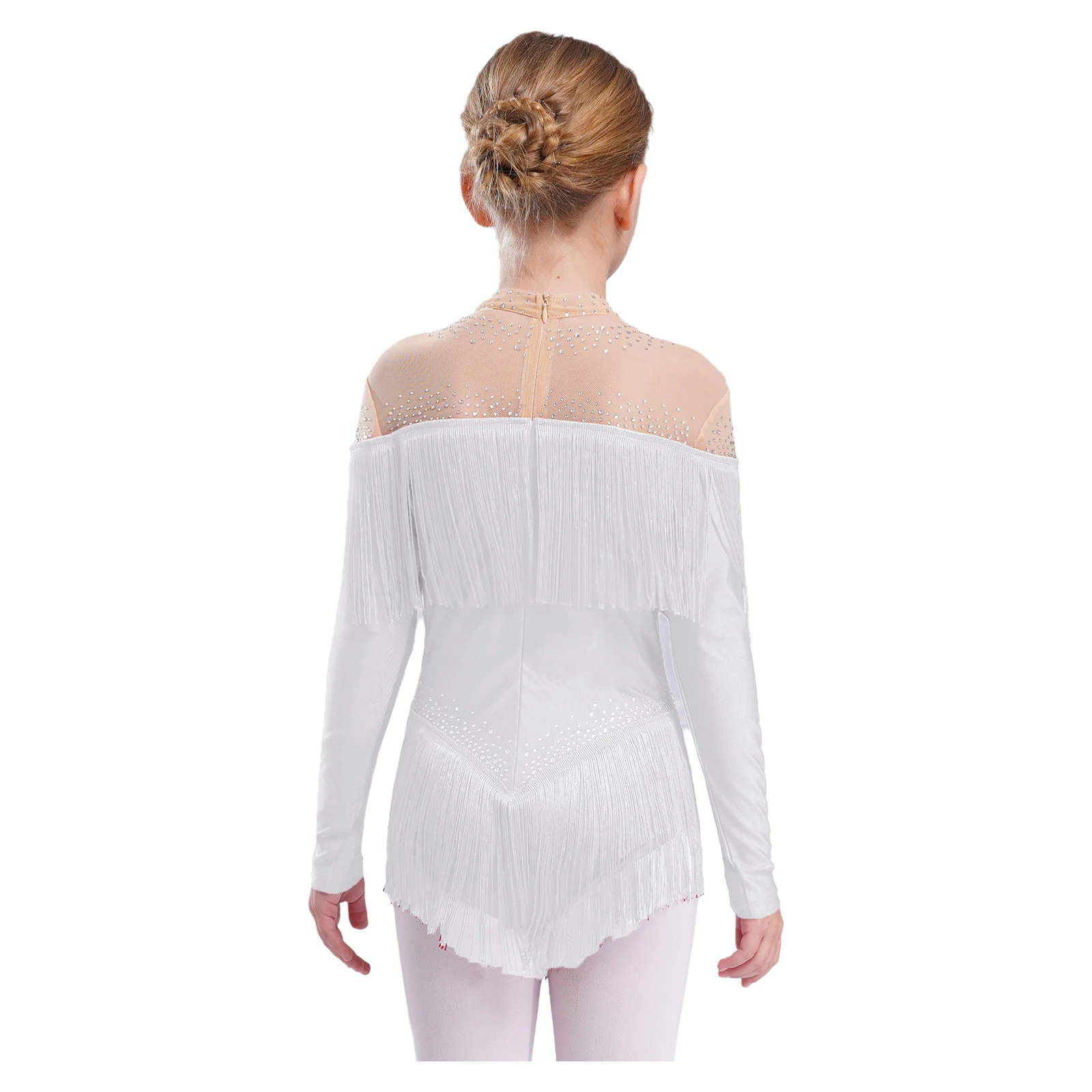 Mädchen-Trikot für lateinamerikanischen Tanz mit Fransen, glänzende Strasssteine, langärmelig, Quasten-Body für Ballsaal, Eiskunstlauf, Tango, Cha-Cha, Samba