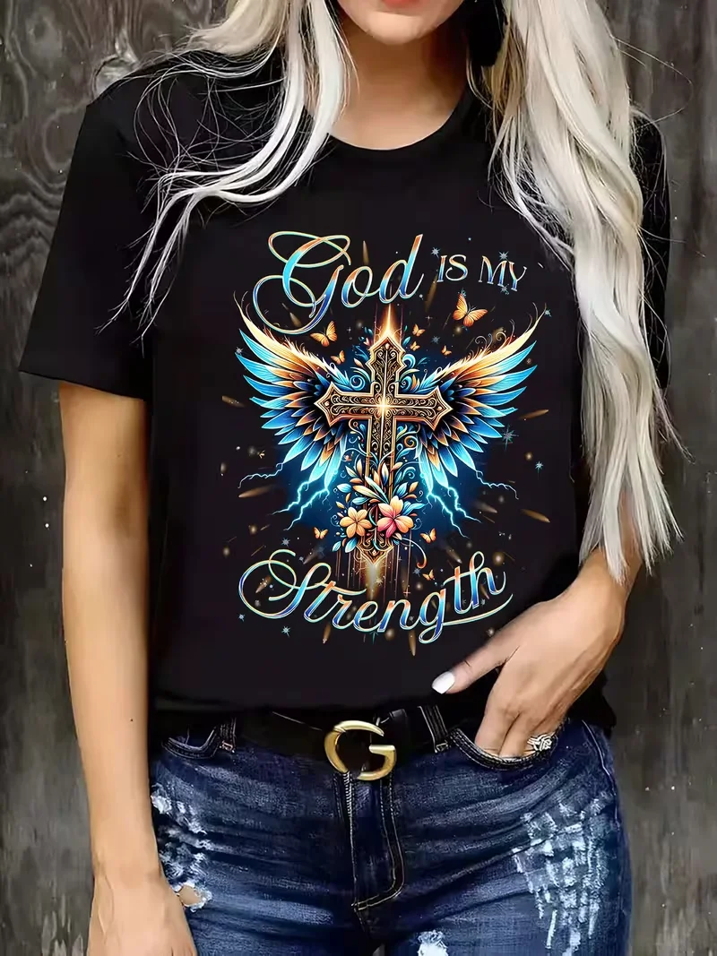 T-shirt pour femme à manches courtes et col rond, motif croix et ailes, inspiré des vêtements religieux