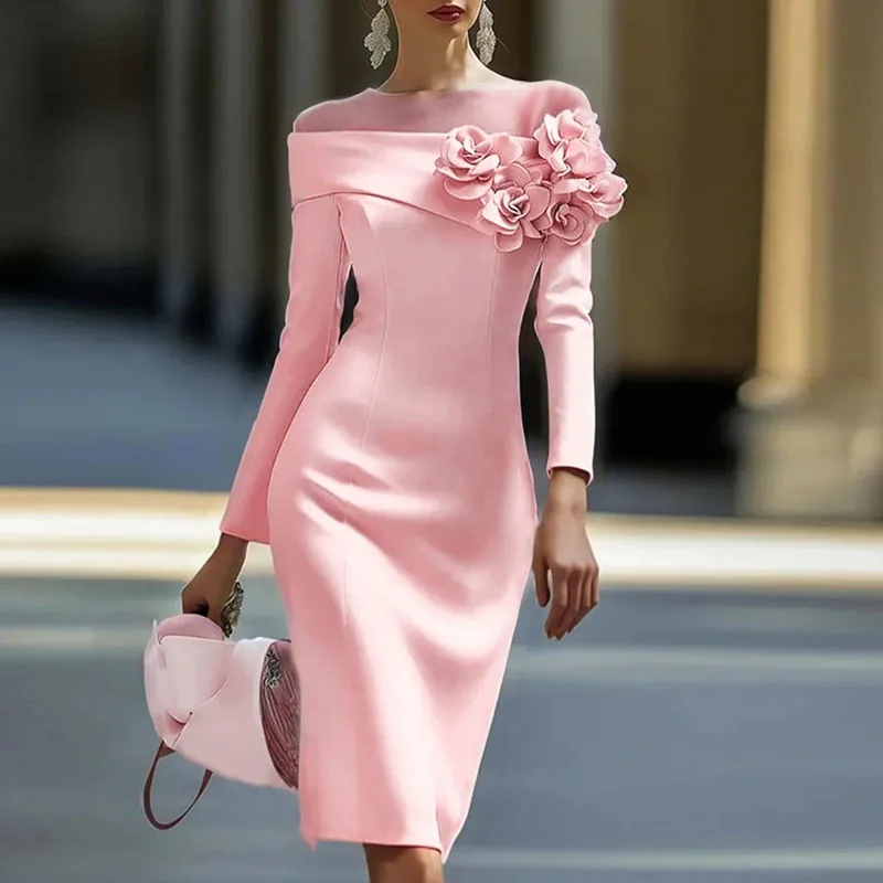 Moda 3d flor slash neck manga longa vestido de noite mulher elegante emendado malha magro bodycon vestido novo outono sólido sexy vestido