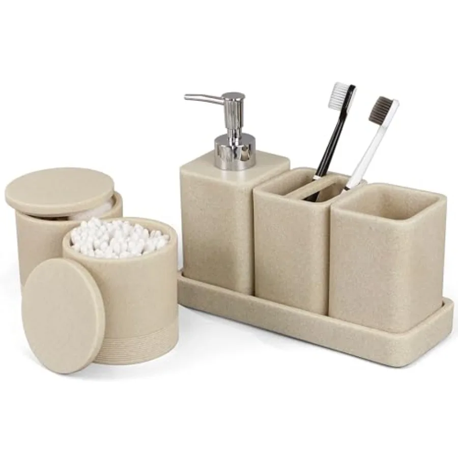

Bathroom Accessories Set 6 Pcs Bathroom Set with Toothbrush Holders Soap Dispenser Vanity Tray Tumbler Cotton Swab Jars Bathroo