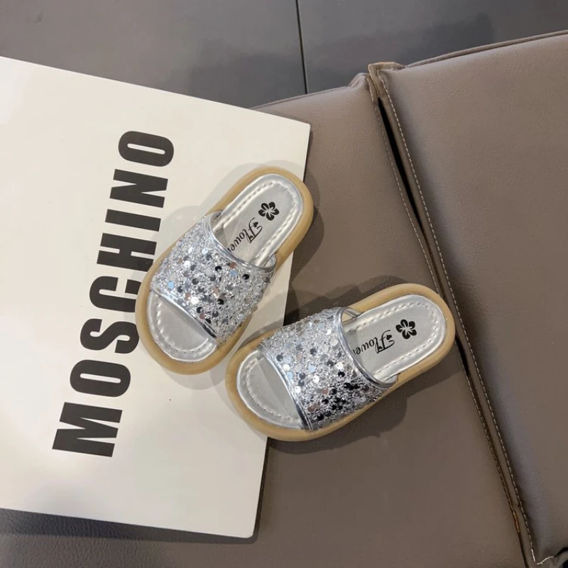 Children Sandals for Girls 2024 Summer New Fashion and Comfortable Shiny Glitter Soft Sole Anti-slippery Casual Cool Beach Shoes