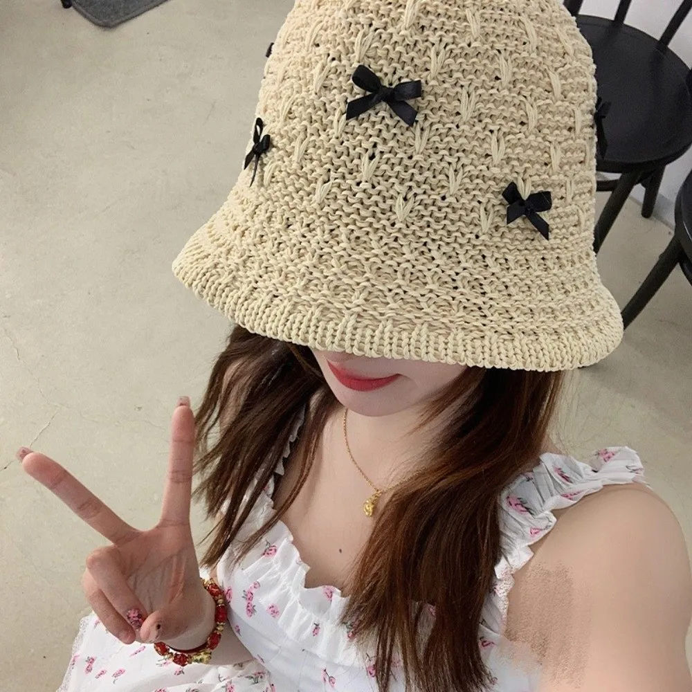 

Breathable Solid Color Women Fisherman Hat Wide Brim Straw Bow Bucket Hat Sun Protection Korean Style Summer Sun Hat Hiking