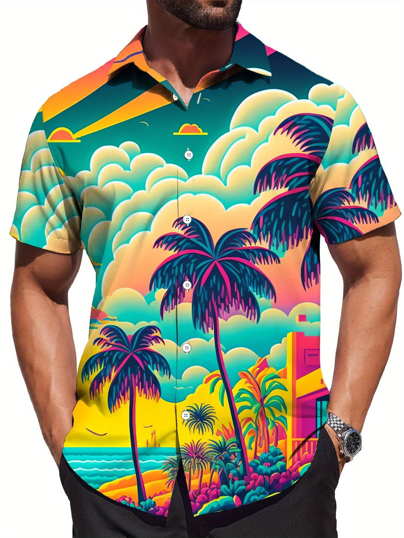 Hawaiian Men's Casual Fashion Short Sleeve Shirt New Pattern Novel Color Bright and Versatile 2025。