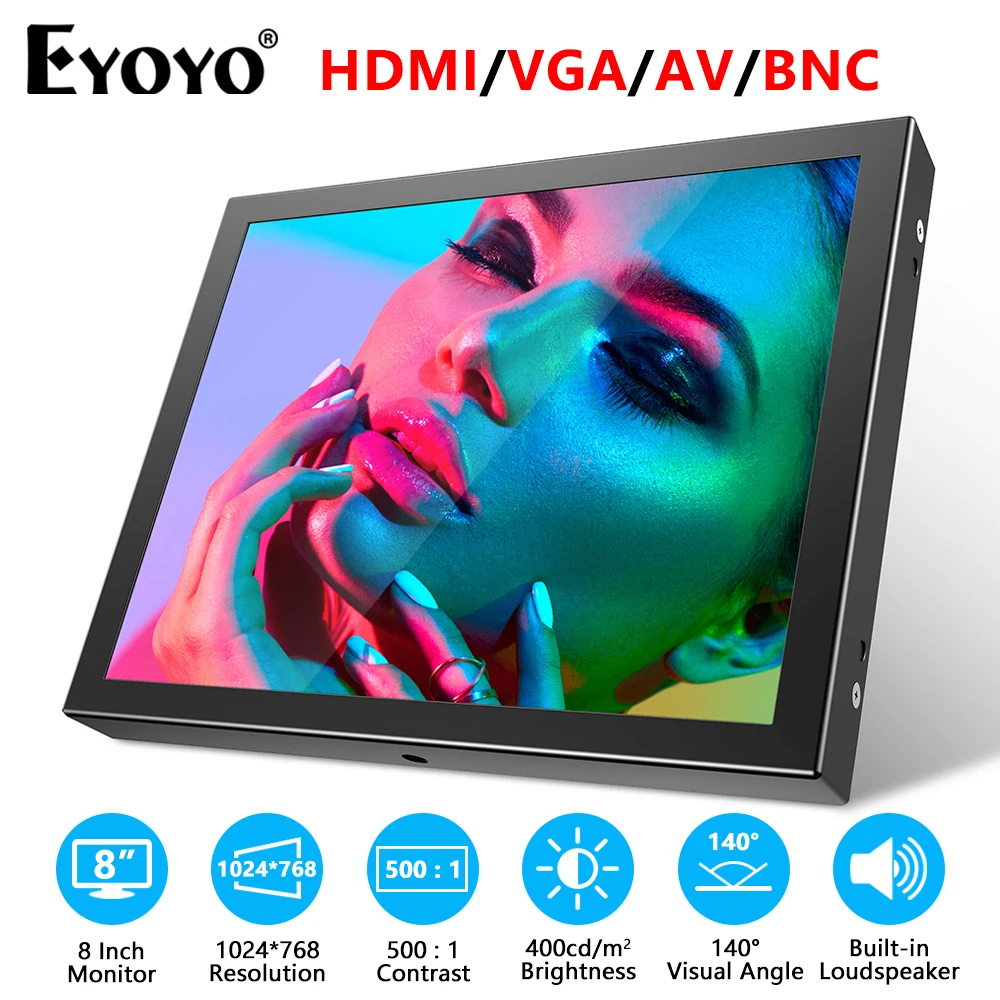 EYOYO 8 Inch Mini Monitor 1024X768 Resolution TFT LCD Screen Display With HDMI/VGA/USB/AV Video Input For PC DVD DVR CCD Camera