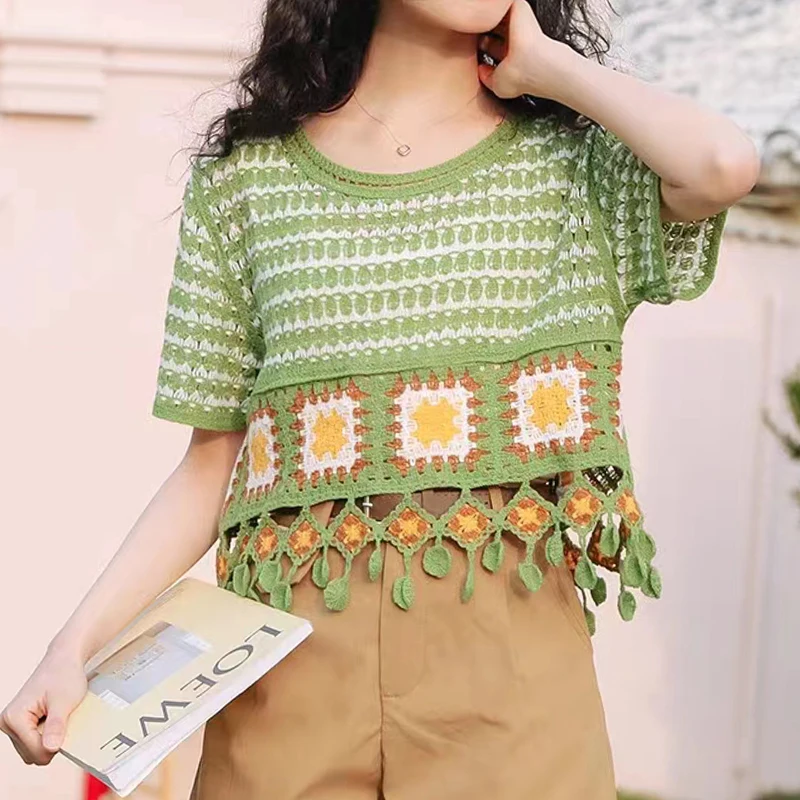 Women Fringed Granny Square Top Crochet Knit Short Sleeve Top with Tassel Knitwear Summer Fairycore Cottagecore Outfit