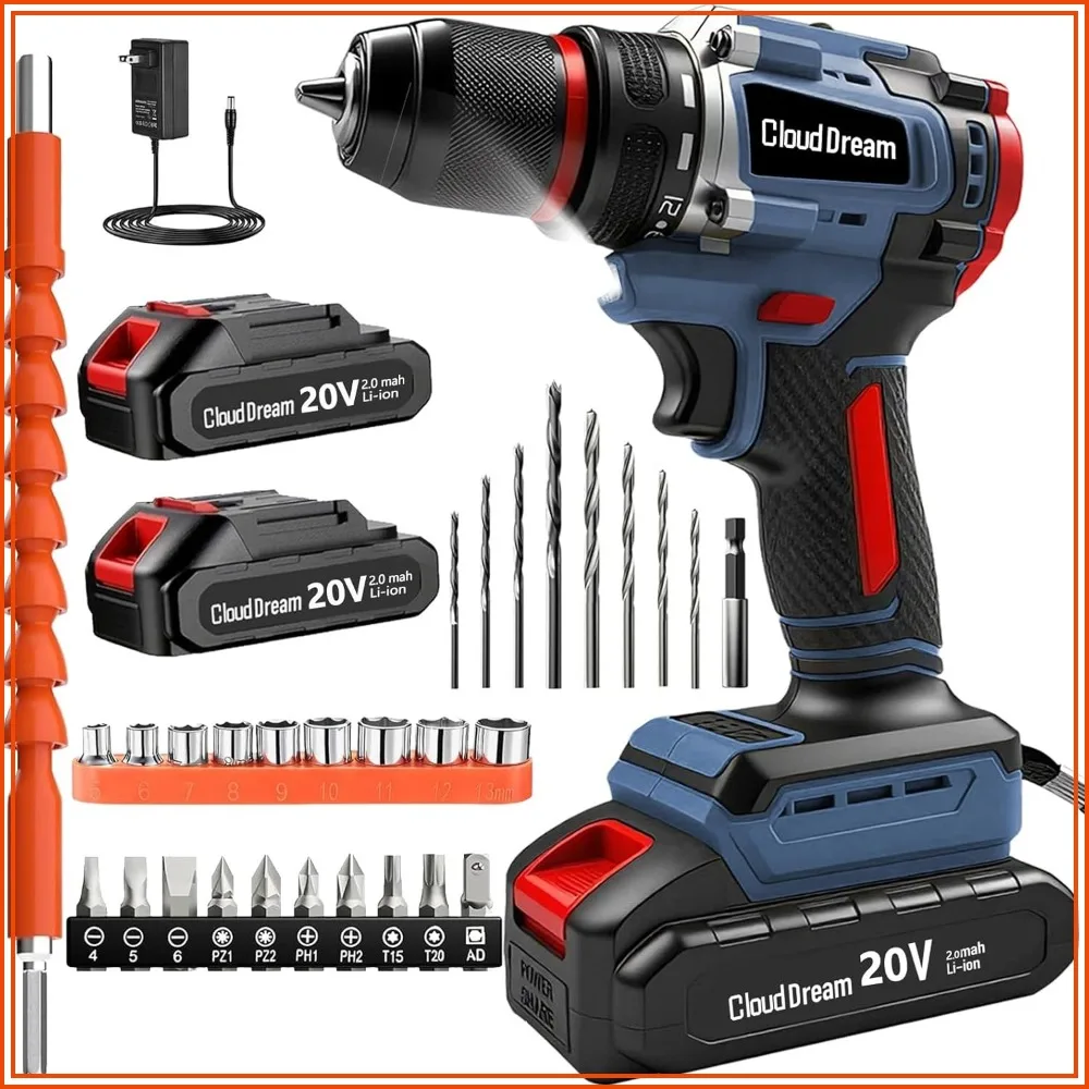 Cordless Drill Set, 60N.m 21+1 Torque, 2 Batteries, LED Light, 30pcs Kit