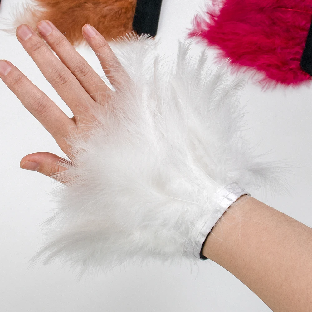 Real Fur FeatherCuff Snap on Long Sleeve Ostrich Feather Cuffs Wristband with Feathers Fashion Snap Bracelet Satin Shirt Elegant