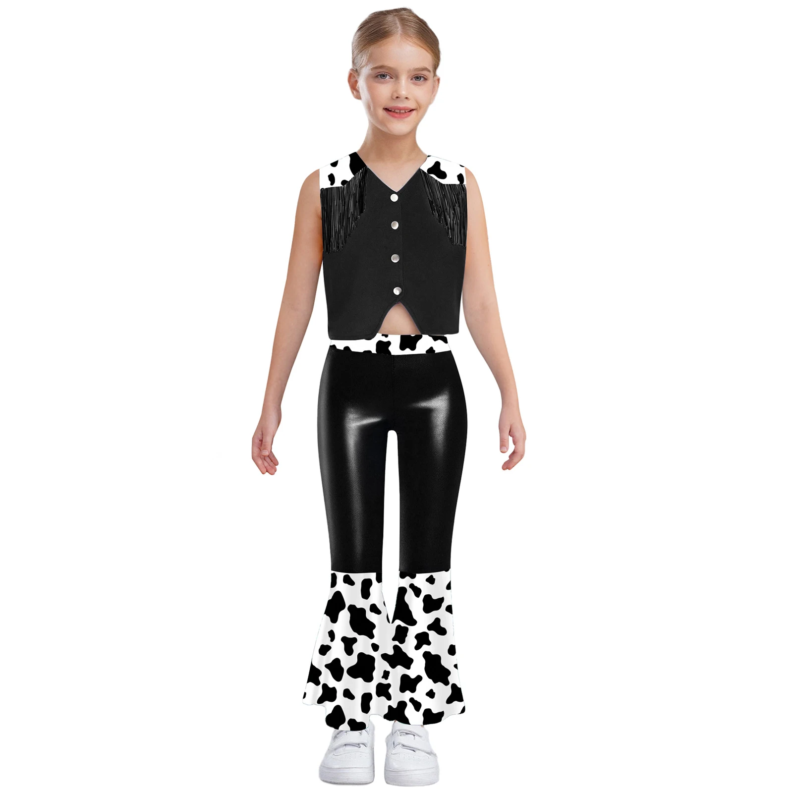 6-16Y الفتيات حفلة الهالوين راعية البقر الغربية تأثيري حلي هامش سترة جرس أسفل السراويل ديسكو الرقص مرحلة الأداء الملابس