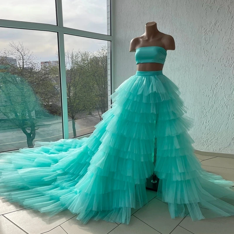 Voluminous Fluffy Tiered Split Tulle Skirts A-line Puffy Bridal Tutu Tulle Skirts Women Maxi Skirt With Long Train Custom Made