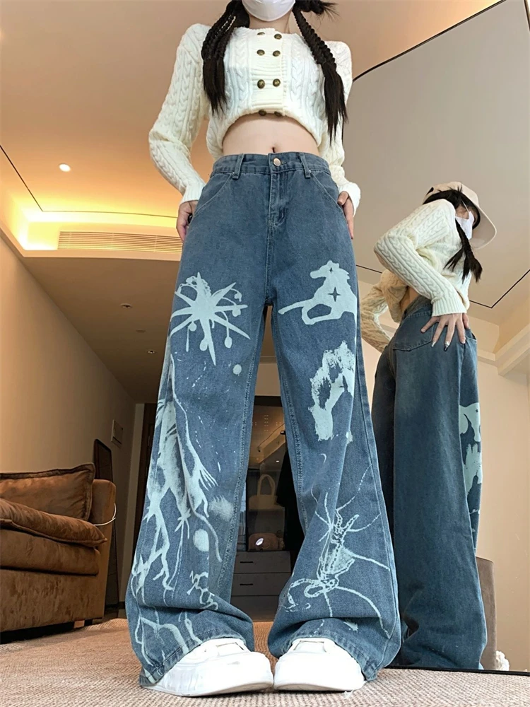 Women's Graffiti Ink Splashing Design Blue Jeans High Waist Streetwear Cool Girl Vintage Trouser Female Casual Denim Pants