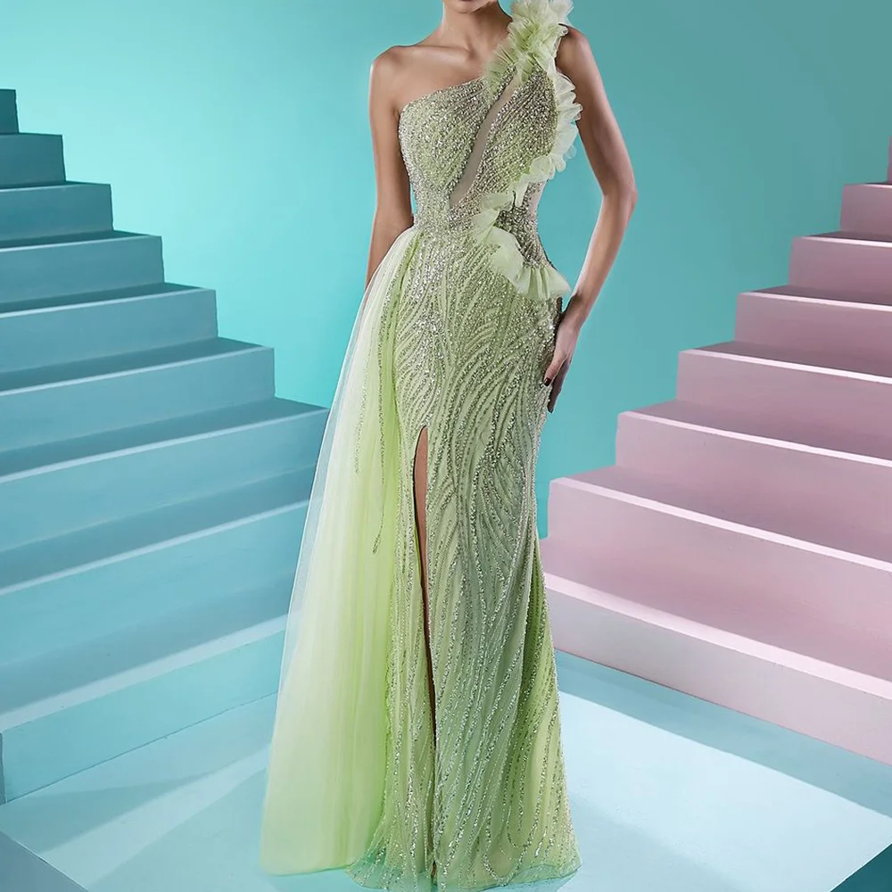 

Straight Evening Dress Floor Length Strapless Front Slit Sleeveless Crystal Organza Photo Color Green Exquisite and Fashion