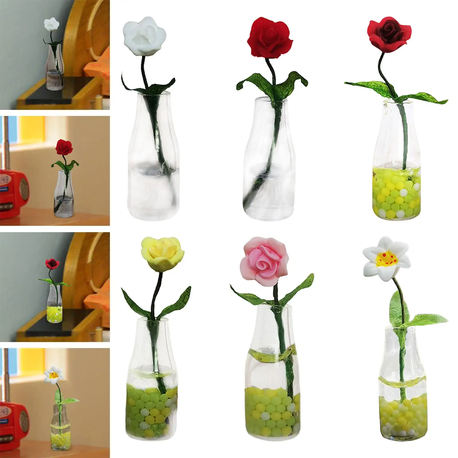 Miniature Flower with Glass Vase Scene Prop Dollhouse Glass Vase for 1:6 1:12 Scale Kitchen Living Room Dollhouse Dinning Room