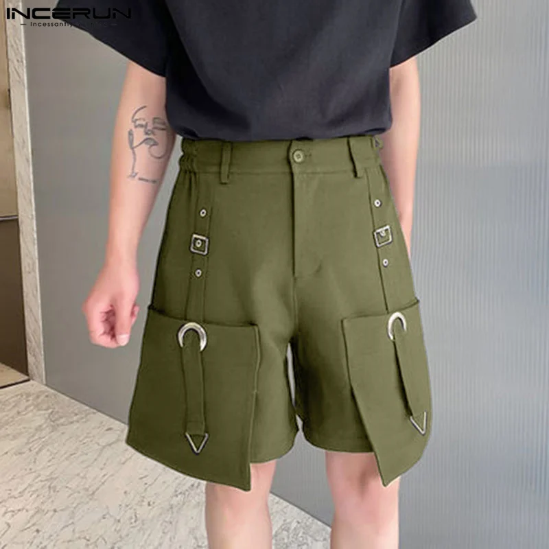 INCERUN 2024 Korean Style Shorts New Men\'s Metal Buckle Design Casual Shorts Fashionable Male Waist Elastic Solid Shorts S-5XL