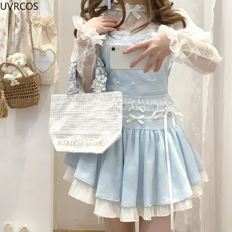 Pink Japanese Style Two -piece Set Elegant Women Sweet High Waist Bandage Mini Skirt Matching Suit 2023 Kawaii Lolita Camis Tops