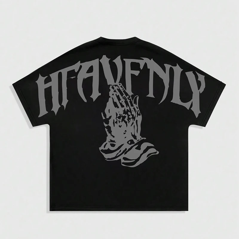 تي شيرت رجالي بأكمام قصيرة مطبوع عليه يد صلاة داكنة، متوفر باللونين الأبيض والأسود + مقاس كبير. الطباعة الخلفية مثيرة للغاية، فضفاضة، مريحة، مثالية لأزياء الشارع الصيفية، مناسبة للارتداء اليومي أو الخروج