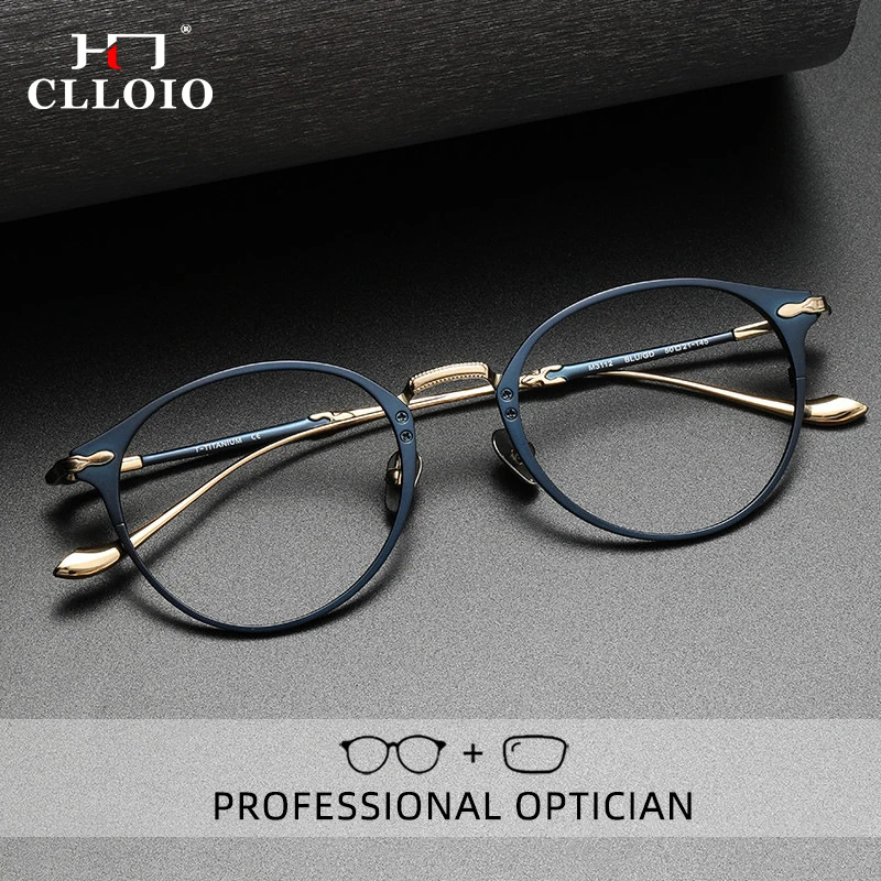 CLLOIO Luxury Pure Titanium Reading Glasses Men Retro Round Myopia Hyperopia Glasses Anti Blue Ray Prescription Eyewear M3112