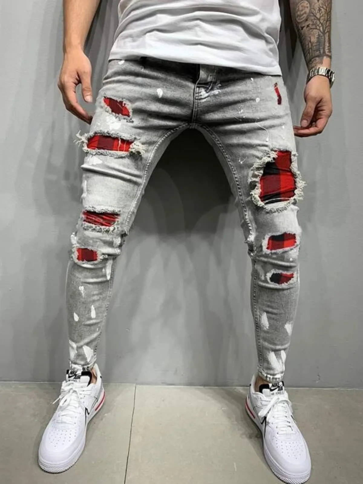 New Fashion Mens Jeans Stretch Skinny Patch Stich Cartoons Printed Black Jean Men Streetwear Denim Punk Pants Pantalones Hombre