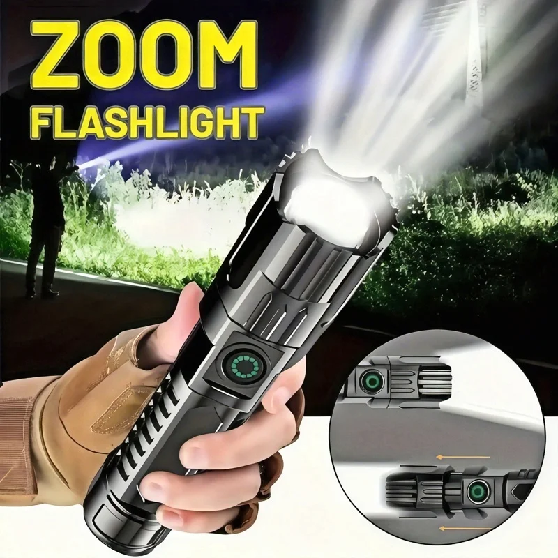 Lanterna led com zoom recarregável, tocha portátil com 3 modos, à prova d'água, alta potência, lâmpada manual para trabalhar, acampamento ao ar livre