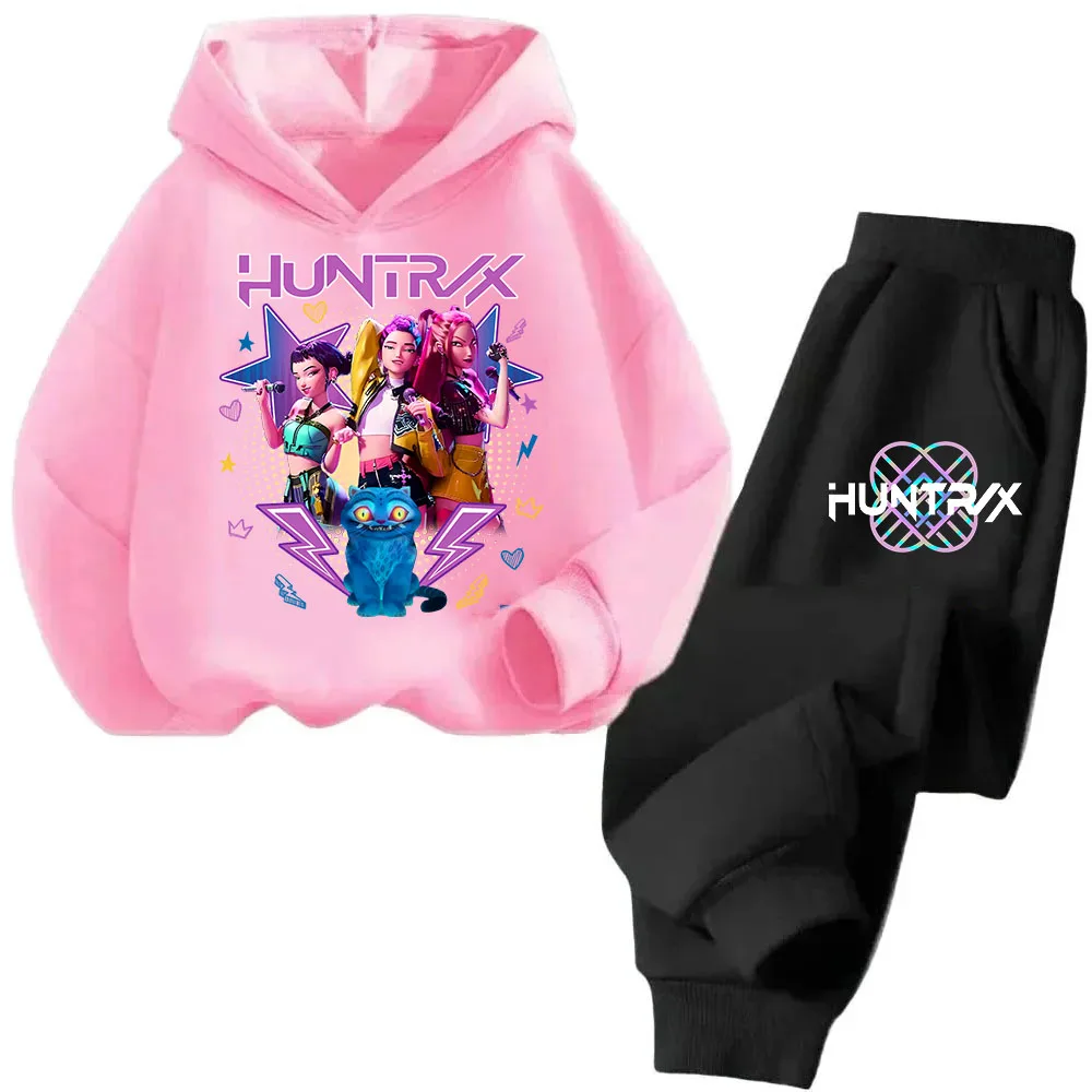Ropa para niñas 2025 Hot KPop Demon Hunter, Sudadera con capucha de dibujos animados para niñas, conjunto de pantalones de chándal, Tops informales cálidos a la moda para niños