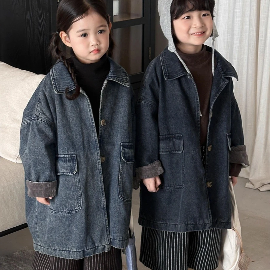 

Coat 2025 Autumn and Winter New Children's Clothing Korean Style Boys and Girls Loose Lapel Long Cowboy Coat Casual Simple