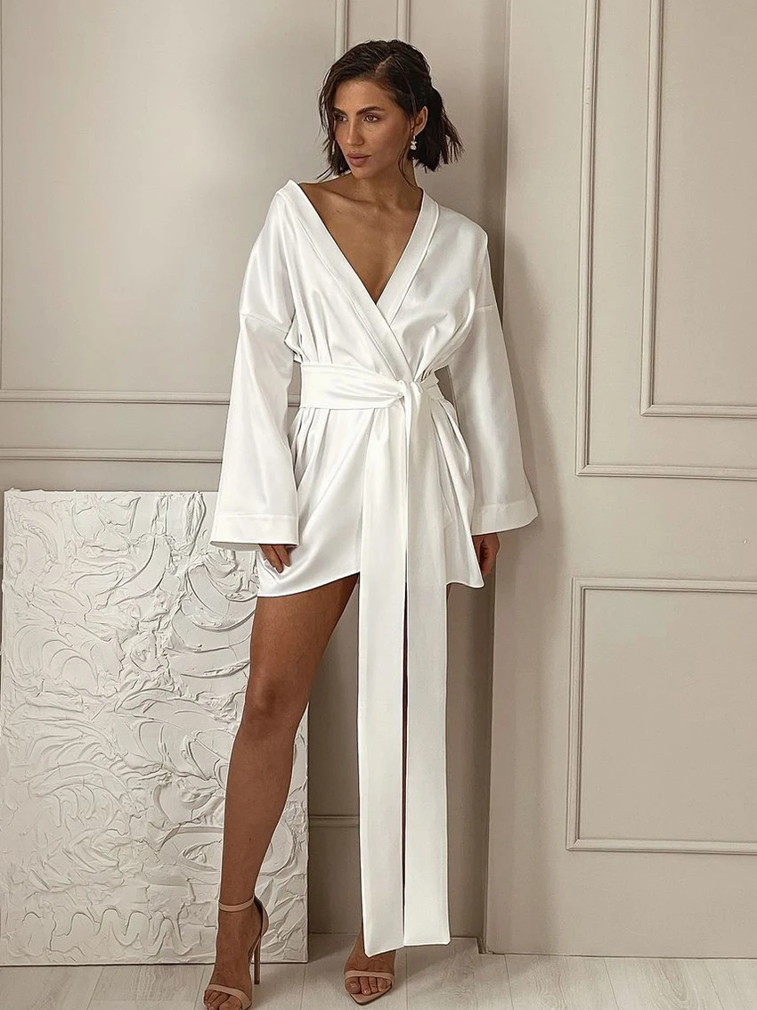 Marthaqiqi Fashion Ladies Nightwear Sexy V-Neck Sleepwear Lace Up Nightgowns Long Sleeve Pajamas Mini Dress White Female Nightie